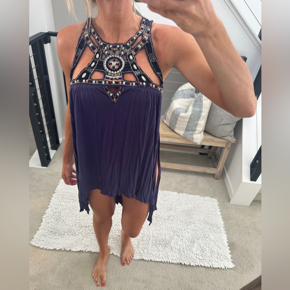 Free People Purple Beaded Boho Festival Tunic Bikini Cover-Up Top Size S - Picture 3 of 14
